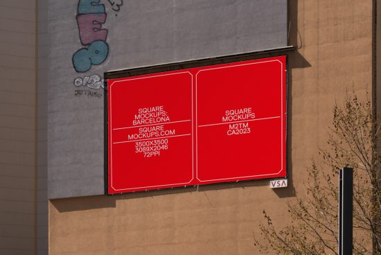 Urban billboard mockup with red square design template on building facade next to graffiti, for presentation or advertising display.